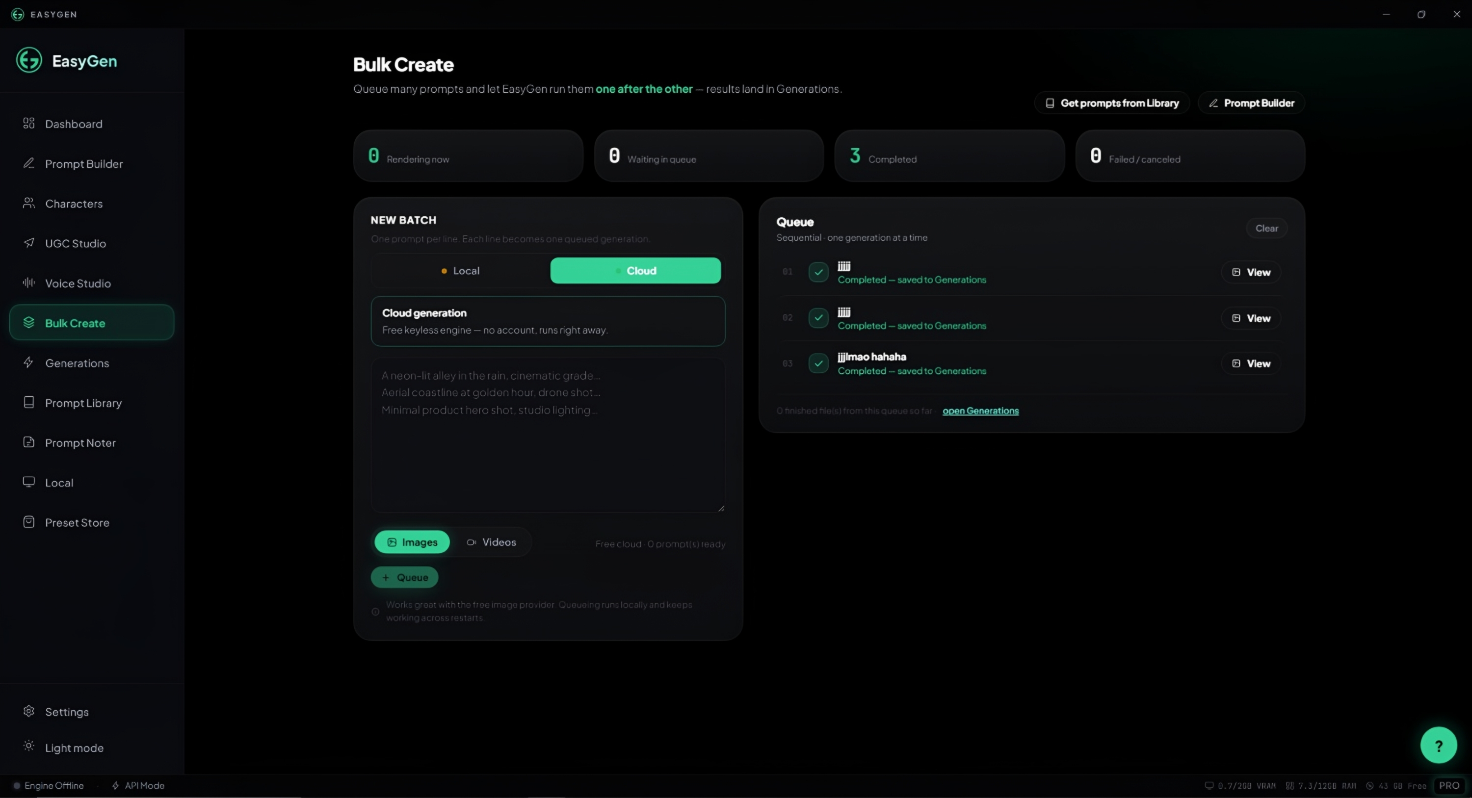 Bulk Create queue running prompts one after another